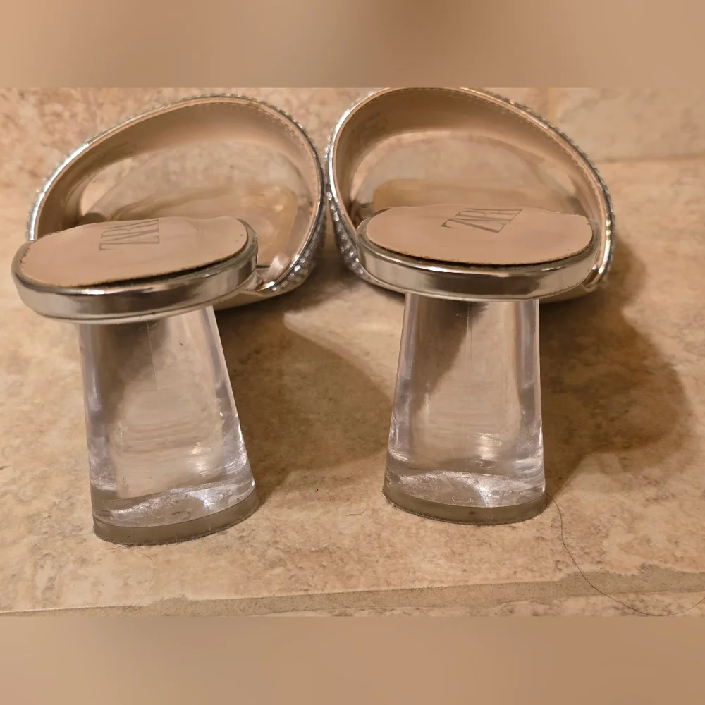 Zara Glamorous Sparkly Silver Heeled Sandals, Size 40 - Picture 12 of 14